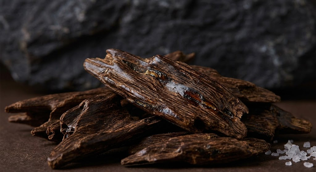Raw oud wood chips and salt crystals